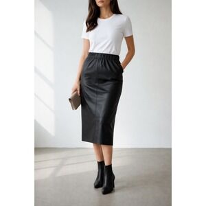Bettina Vintage Black Genuine‎ Leather Midi Skirt Elastic Waist Womens M US 8